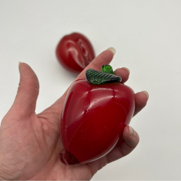 Set Of 2 Red Peppers Vintage Murano Style Art Glass Hand Blown Vegetable Fruit - Picture 6 of 13